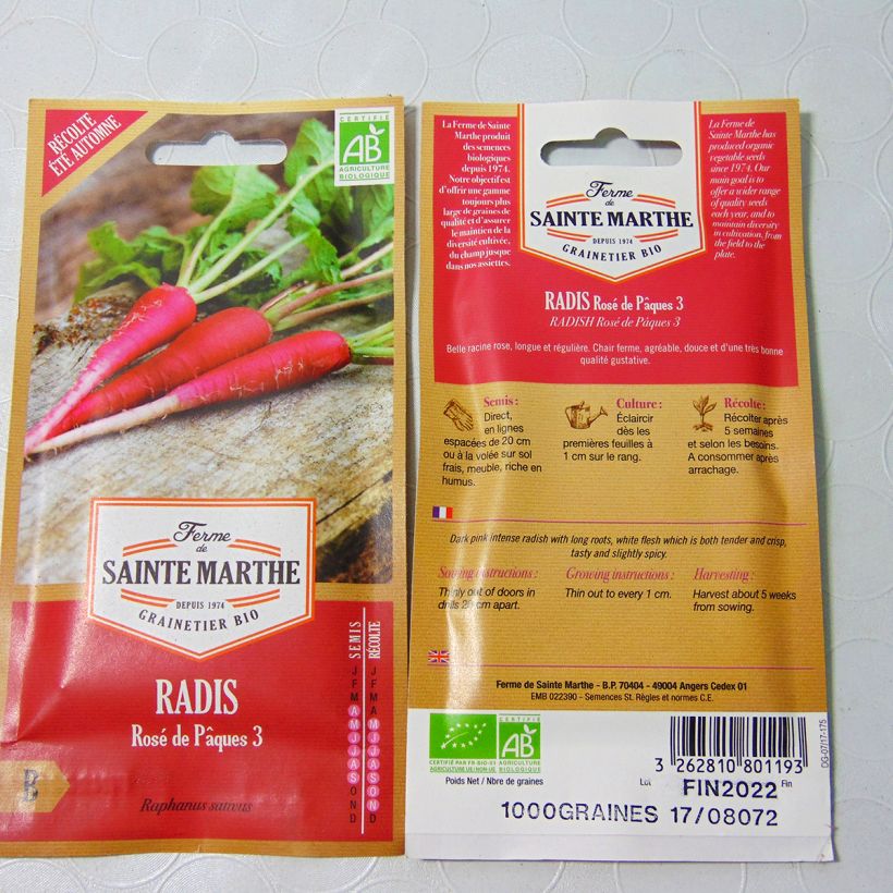 Example of Radish Rose de Pâques 3 - Ferme de Sainte Marthe Seeds per pack of 700 seeds (8g) specimen as delivered