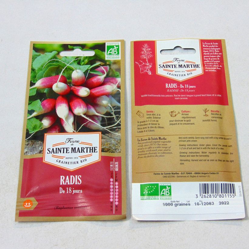 Example of 18-Day Organic Radish - Ferme de Sainte Marthe seeds per pack of 1000 seeds (8g) specimen as delivered