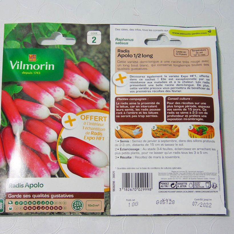 Example of Half-long Apolo Radish - Vilmorin seeds per pack of 800 seeds (10g) specimen as delivered