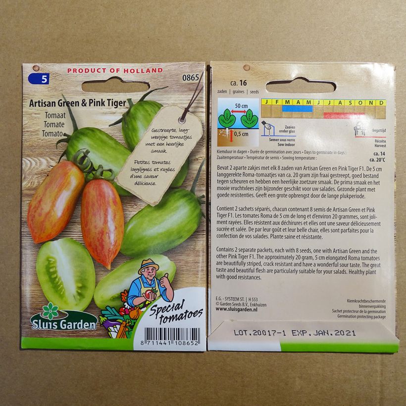 Example of Tomato Artisan Green Tiger & Pink Tiger Tomato per pack of 16 seeds specimen as delivered