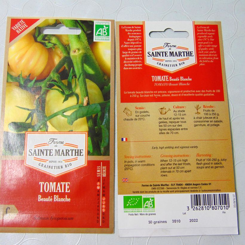 Example of Tomato White Beauty - Ferme de Sainte Marthe seeds per pack of 50 seeds specimen as delivered