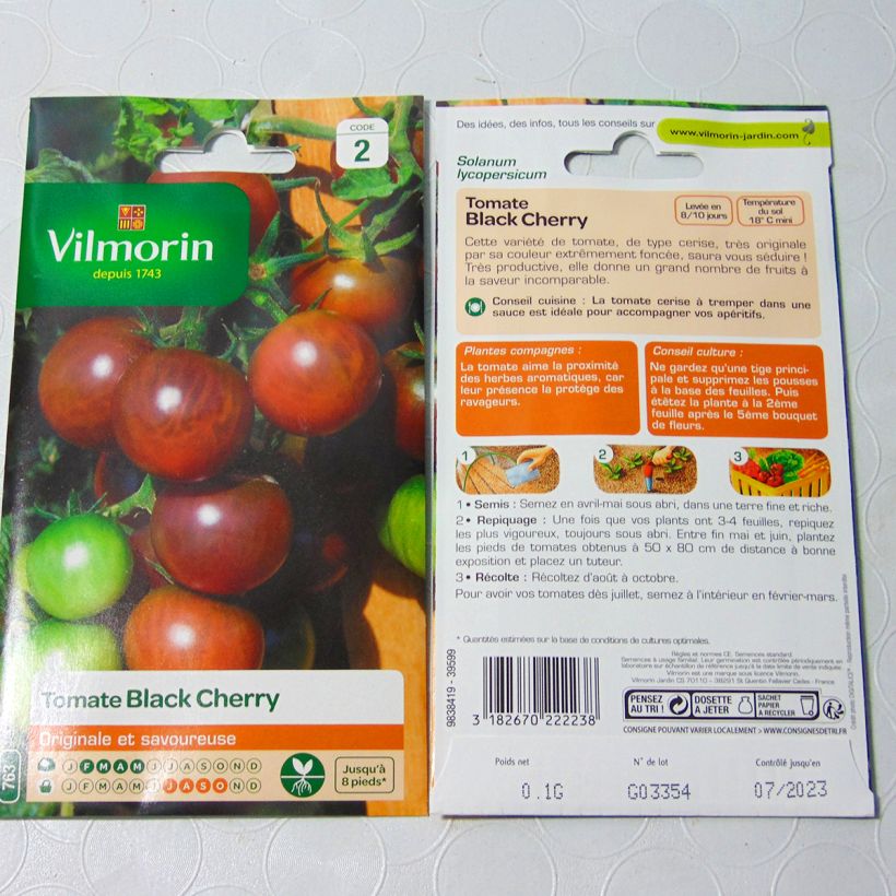 Example of Tomato Black Cherry - Vilmorin seeds per pack of 30 seeds (0,1g) specimen as delivered