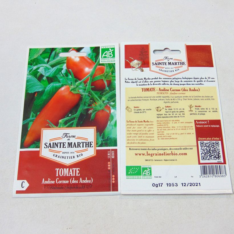 Example of Cornue des Andes Organic Tomato – Ferme de Sainte Marthe seeds per pack of 50 seeds specimen as delivered