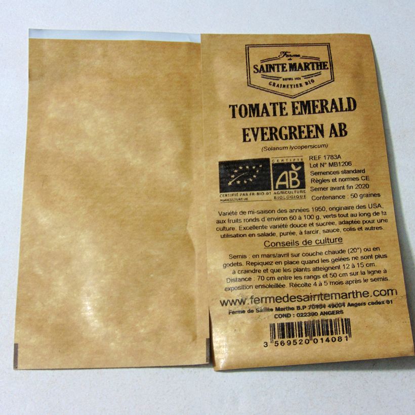 Example of Emerald Evergreen Organic Tomato - Ferme de Sainte Marthe seeds per pack of 50 seeds specimen as delivered