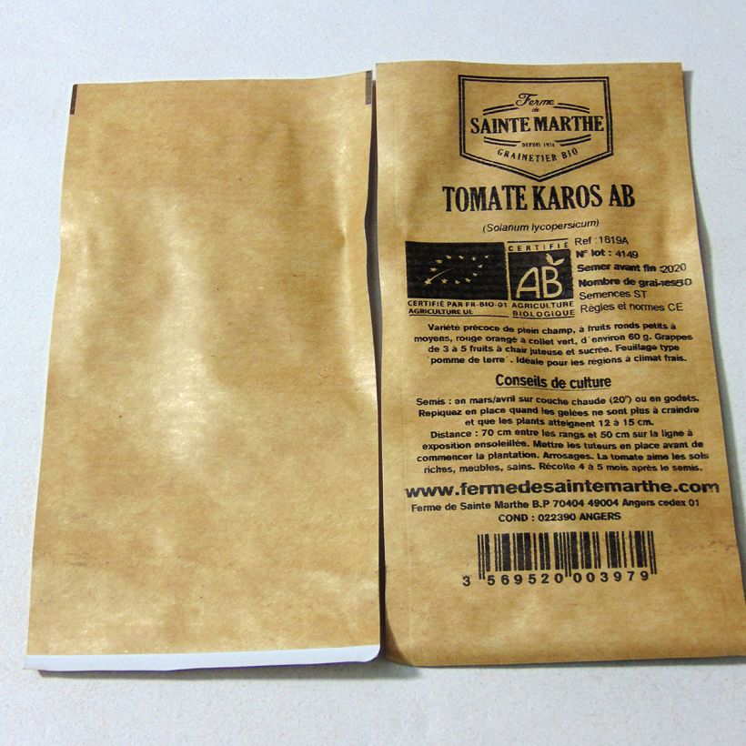 Example of Karos Organic Tomato - Ferme de Sainte Marthe seeds per pack of 50 seeds specimen as delivered