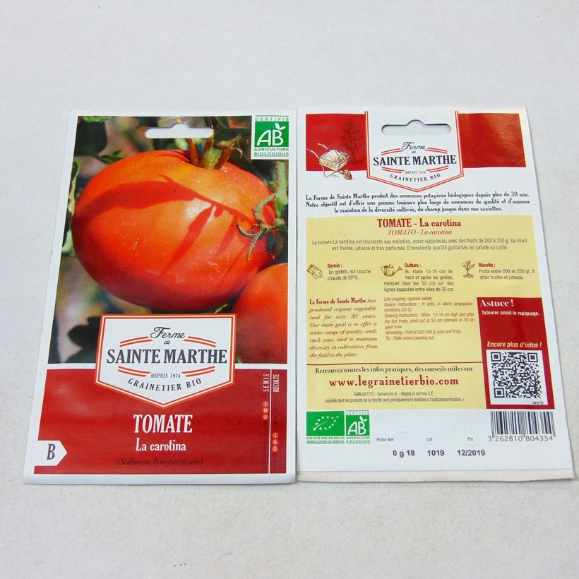 Example of La Carotina Organic Tomato - Ferme de Sainte Marthe seeds per pack of 40 seeds specimen as delivered