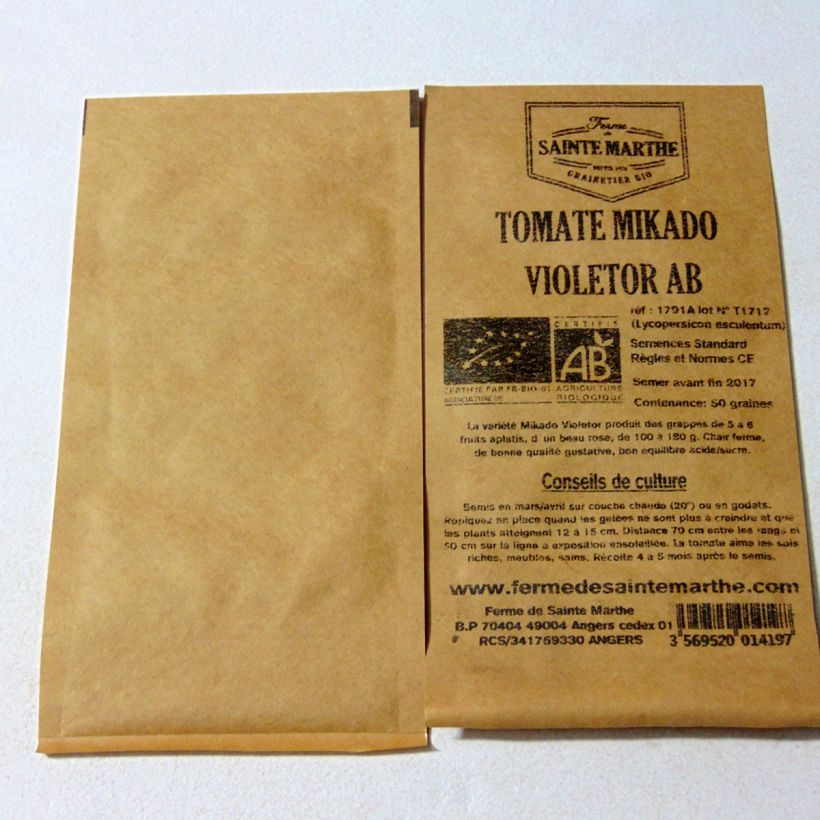 Example of Mikado Violetor Organic Tomato - Ferme de Sainte Marthe seeds per pack of 50 seeds specimen as delivered