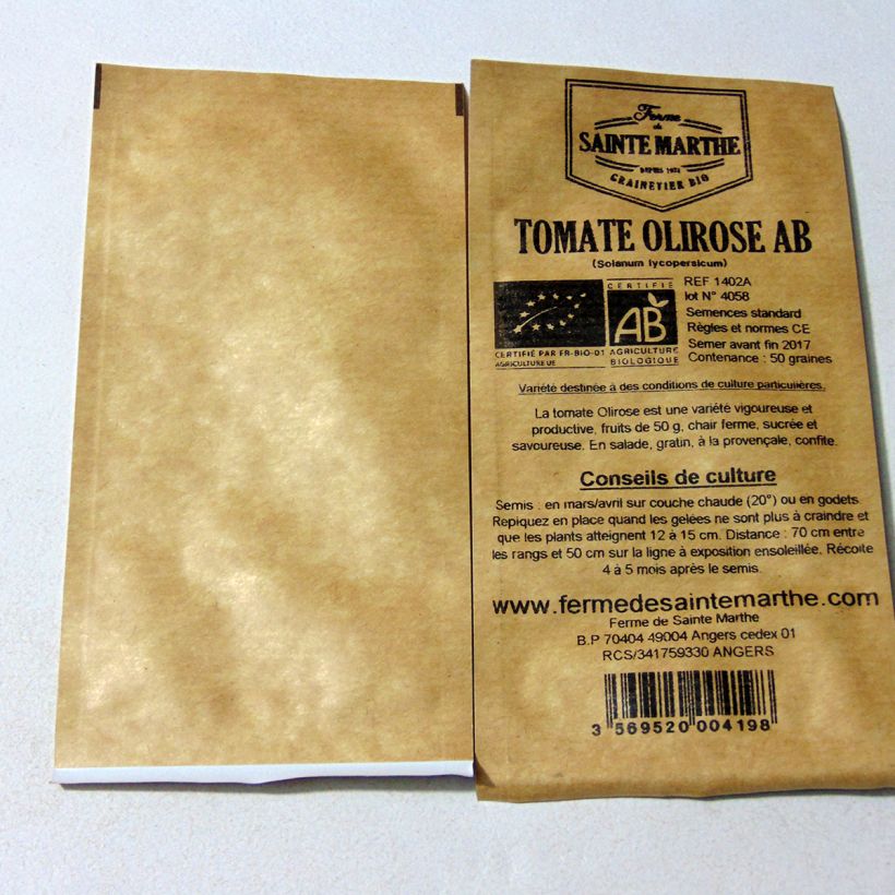 Example of Olirose Organic Tomato - Ferme de Sainte Marthe seeds per pack of 50 seeds specimen as delivered