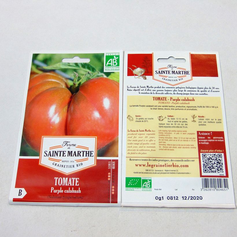 Example of Purple Calabash Organic Tomato - Ferme de Sainte Marthe per pack of 40 seeds specimen as delivered