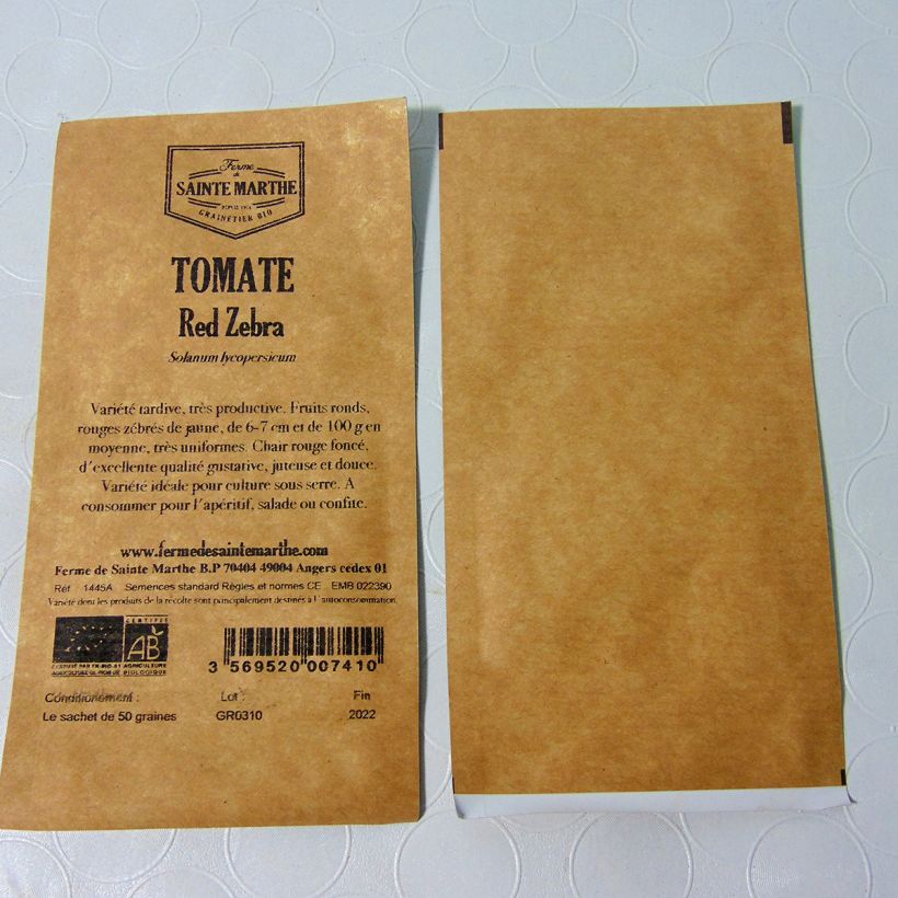 Example of Red Zebra Organic Tomato - Ferme de Sainte Marthe seeds per pack of 50 seeds specimen as delivered