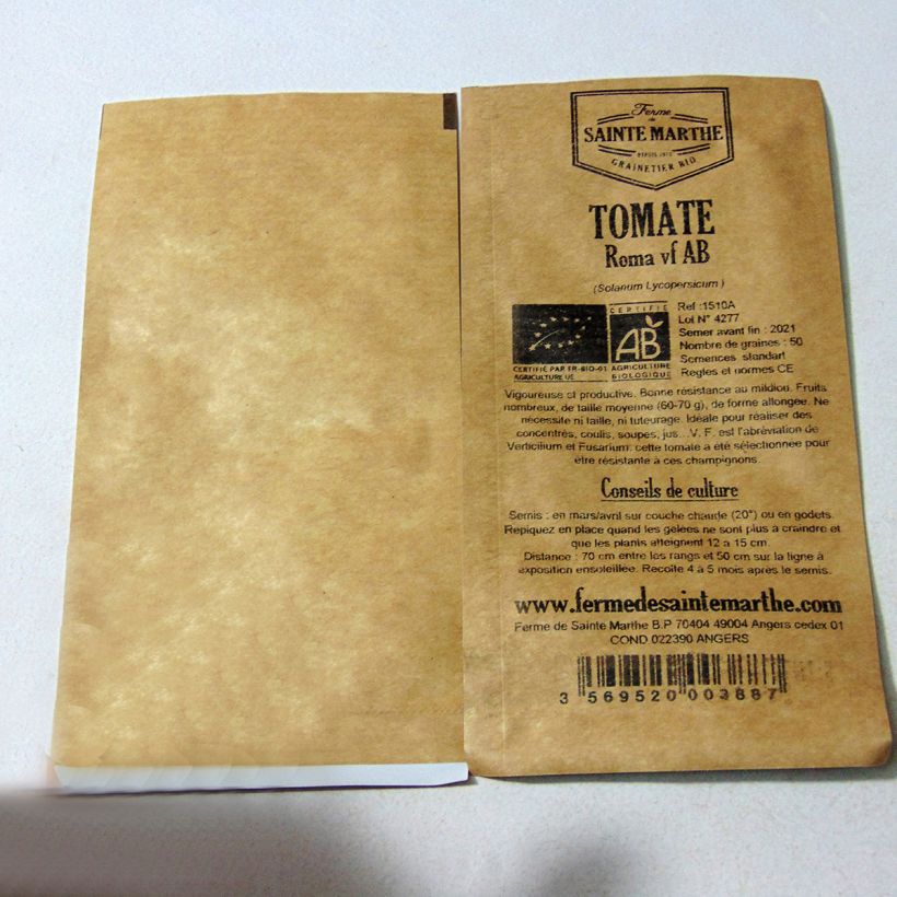 Example of Roma VF Organic Tomato - Ferme de Sainte Marthe seeds per pack of 50 seeds specimen as delivered