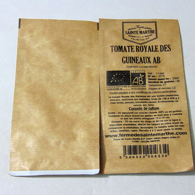 Example of Royale des Guineaux Organic Tomato - Ferme de Sainte Marthe seeds per pack of 50 seeds specimen as delivered