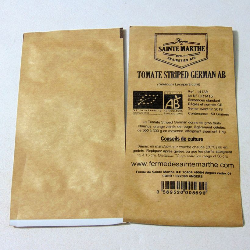 Example of Striped German Organic Tomato - Ferme de Sainte Marthe seeds per pack of 50 seeds specimen as delivered