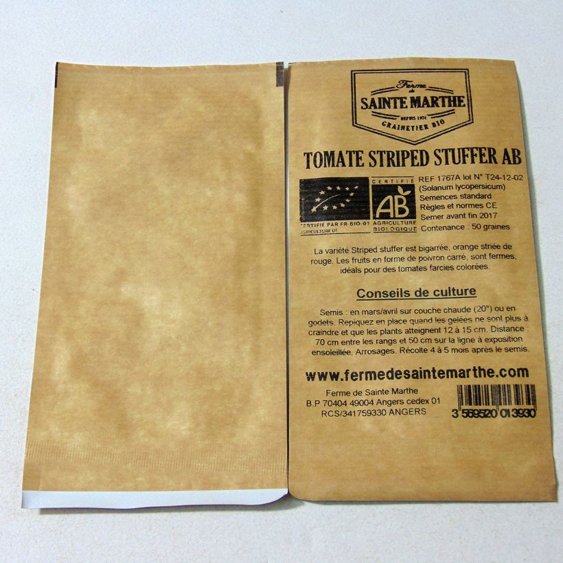 Example of Striped Stuffer Organic Tomato - Ferme de Sainte Marthe seeds per pack of 50 seeds specimen as delivered