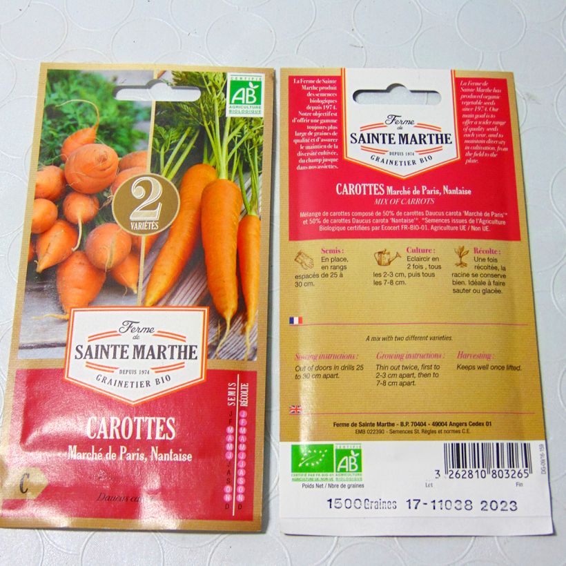 Example of French Heirloom Carrot Mix - Ferme de Sainte Marthe seeds per pack of 2000 seeds (2g) specimen as delivered