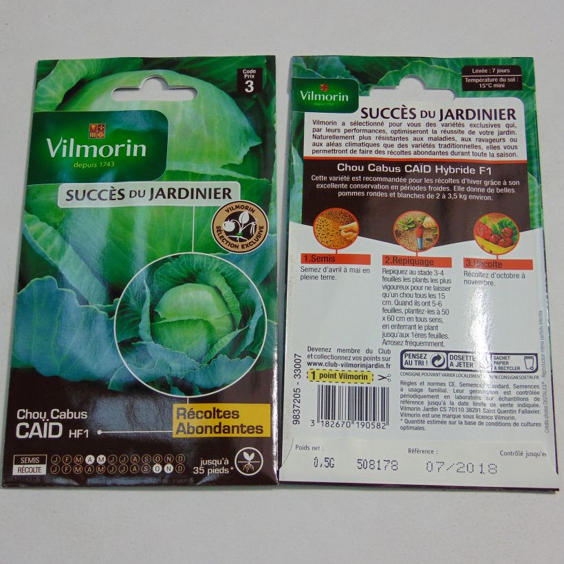 Example of Cabbage Caid F1 - Vilmorin seeds - Brassica oleracea capitata per 0.5 g seed pack specimen as delivered