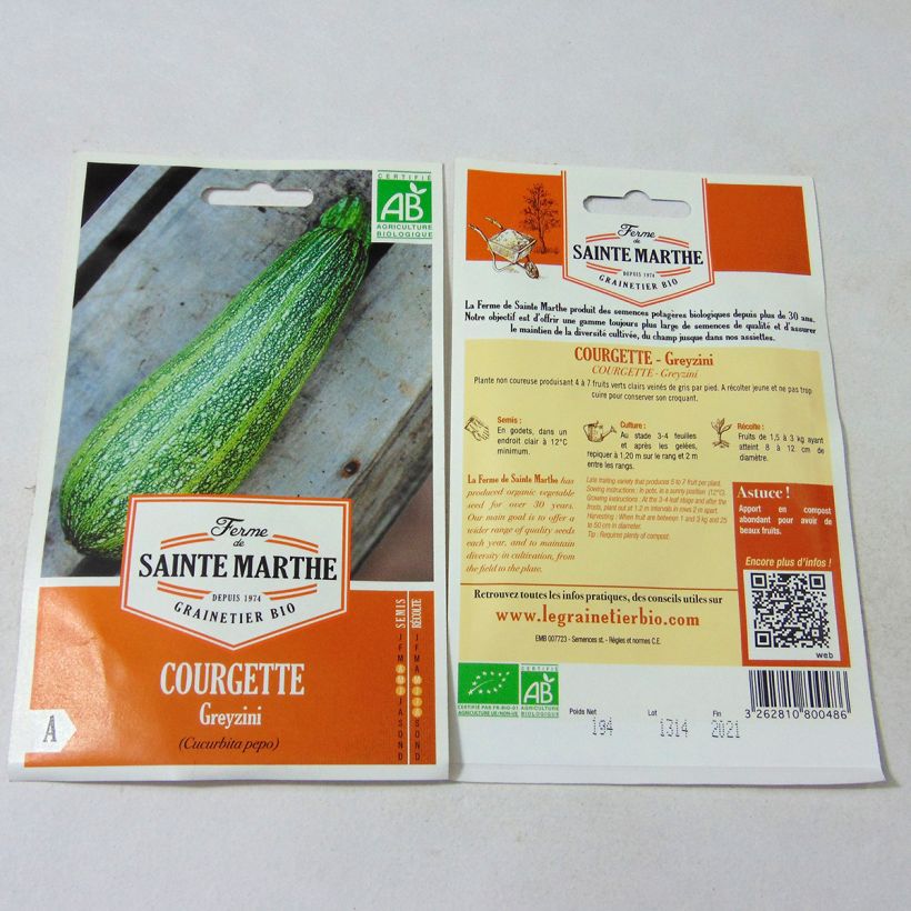 Example of Courgette Greyzini - Ferme de Sainte Marthe Seeds per pack of 10 seeds (1.2g) specimen as delivered