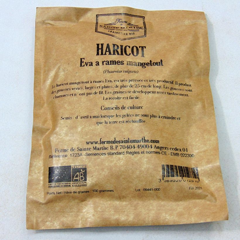 Example of French Pole Bean Eva - Ferme de Sainte Marthe Seeds per pack of 150 seeds (80g) specimen as delivered