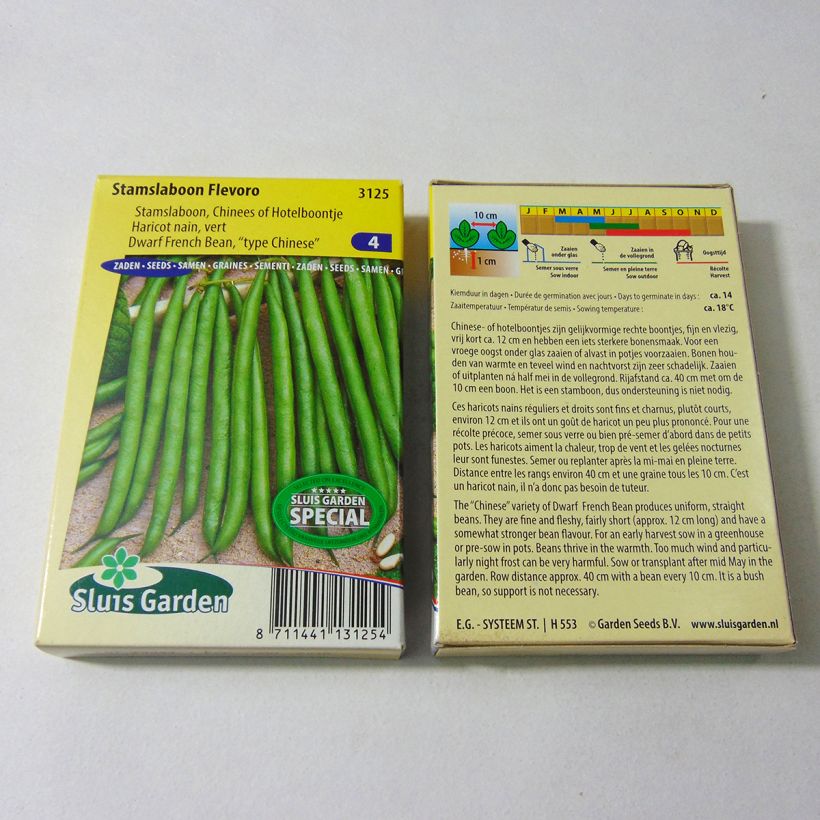 Example of Dwarf Filet Bean Baccara per 65 g seed pack specimen as delivered