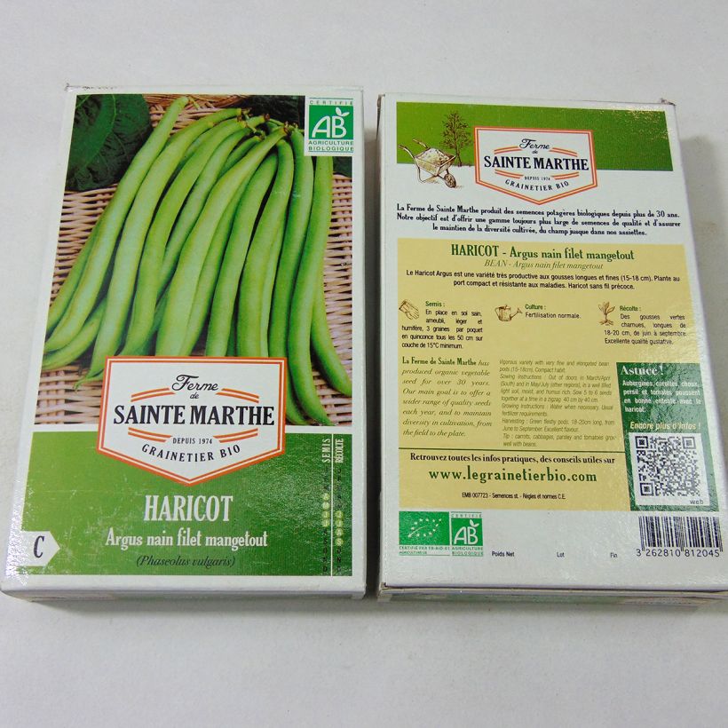 Example of Argus Bio Dwarf Snap Bean - Ferme de Sainte Marthe seeds per pack of 160 seeds (80g) specimen as delivered