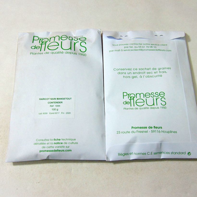 Example of Dwarf French Bean Contender seeds per pack of 150 seeds (100g) specimen as delivered