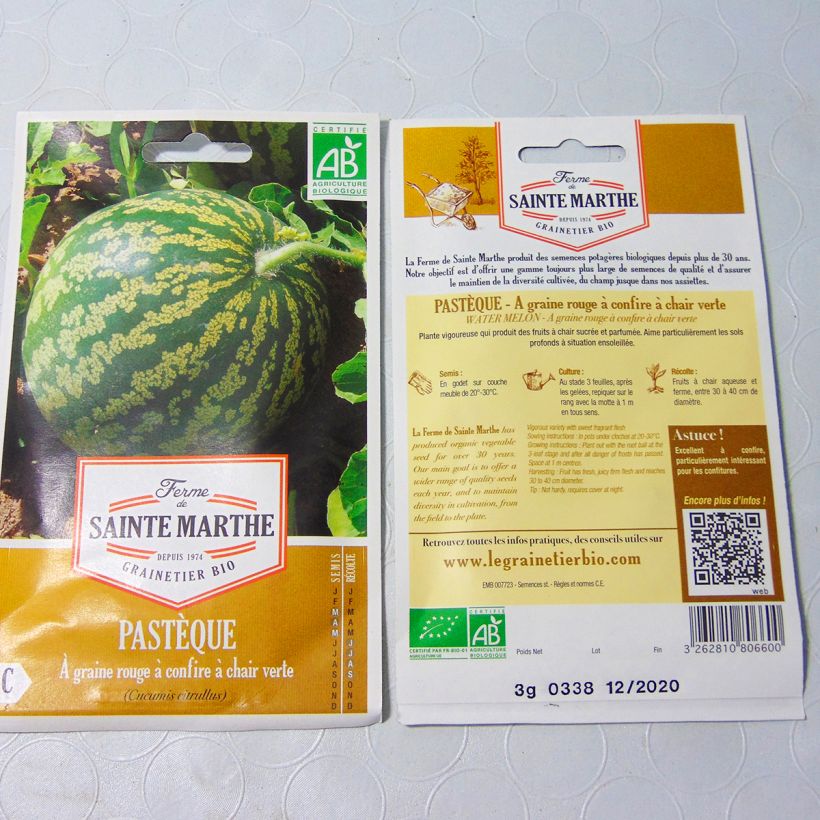 Example of Organic Watermelon for Candying Green Flesh - Ferme de Sainte Marthe seeds - Citrullus lanatus per pack of 15 seeds (3g) specimen as delivered