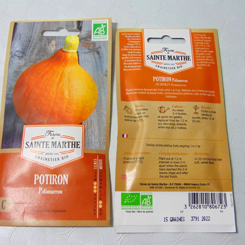 Example of Squash Potimarron - Ferme de Sainte Marthe Seeds per pack of 10 seeds (2g) specimen as delivered