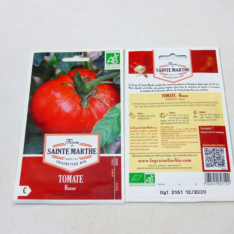 Example of Russian Red Organic Tomato - Ferme de Sainte Marthe seeds per pack of 30 seeds specimen as delivered