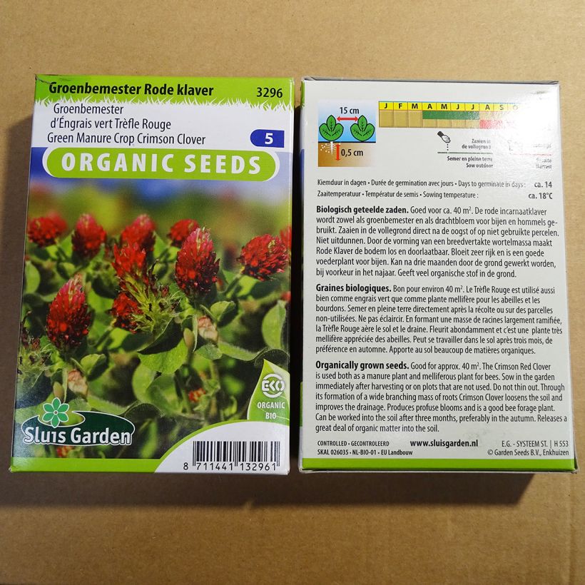 Example of Organic Crimson Clover - Trifolium incarnatum per 70 g seed pack specimen as delivered