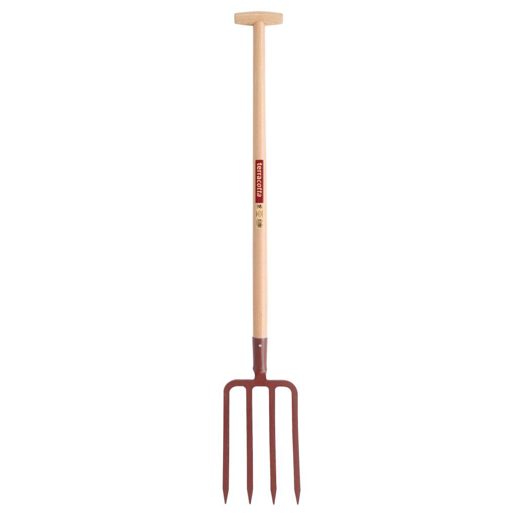 Terracotta digging fork with wooden handle by Leborgne