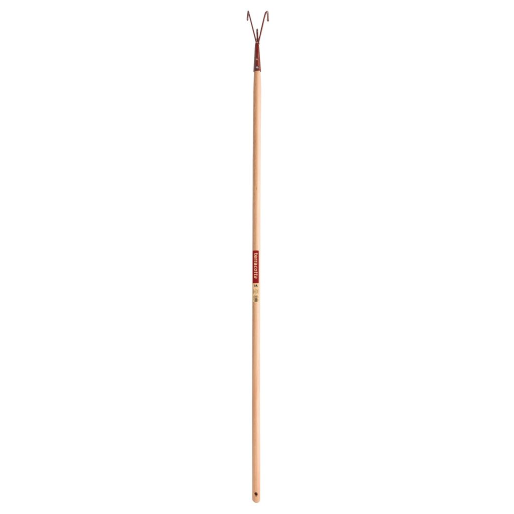 Terracotta 3-pronged rake with wooden handle, Leborgne brand.
