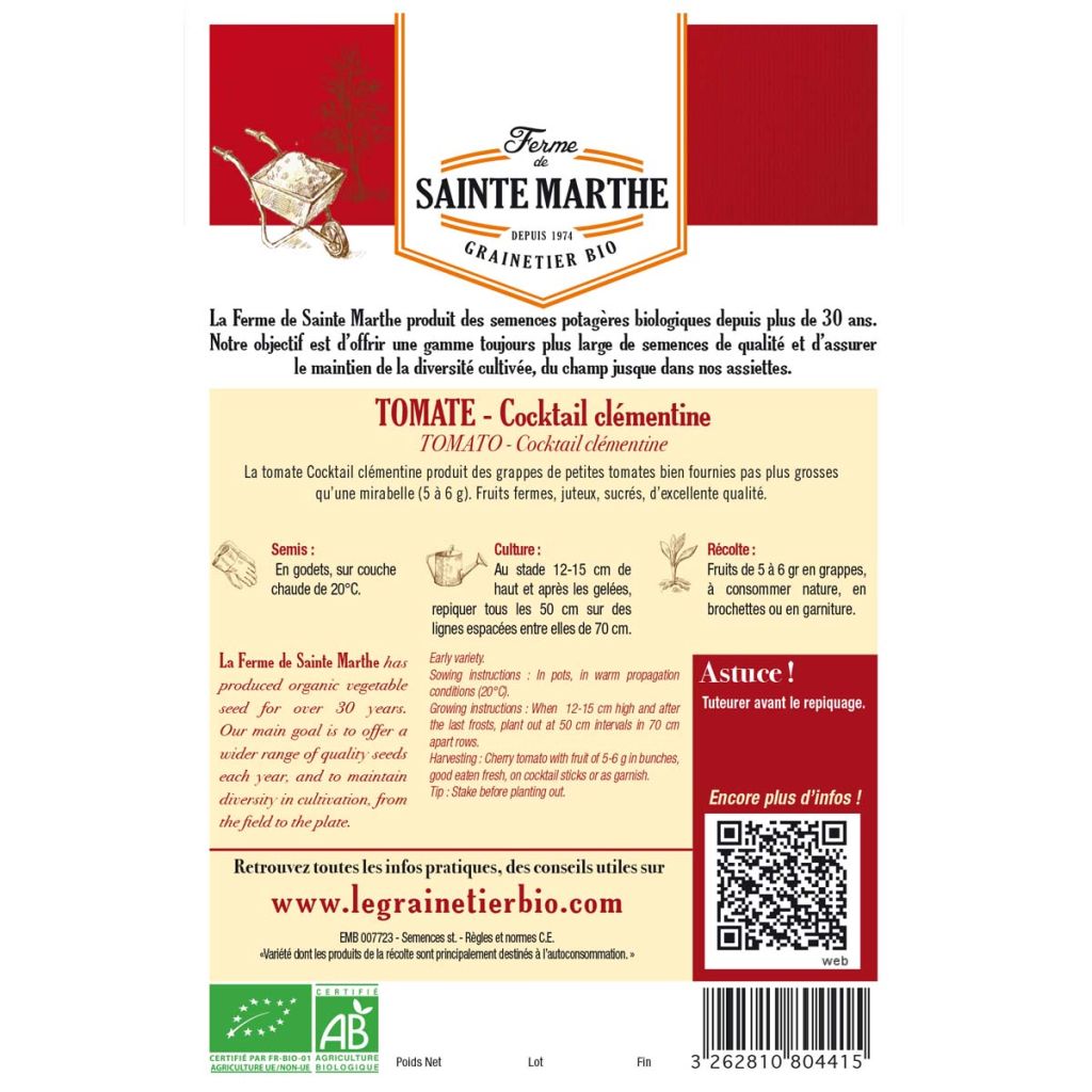 Clementine Organic Cocktail Tomato - Ferme de Sainte Marthe seeds