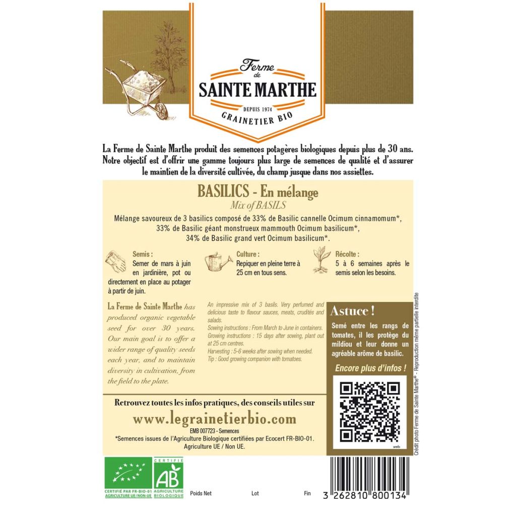 Basil Mix (Cinnamon, Mammoth and Sweet Basil) - Ferme de Sainte Marthe seeds