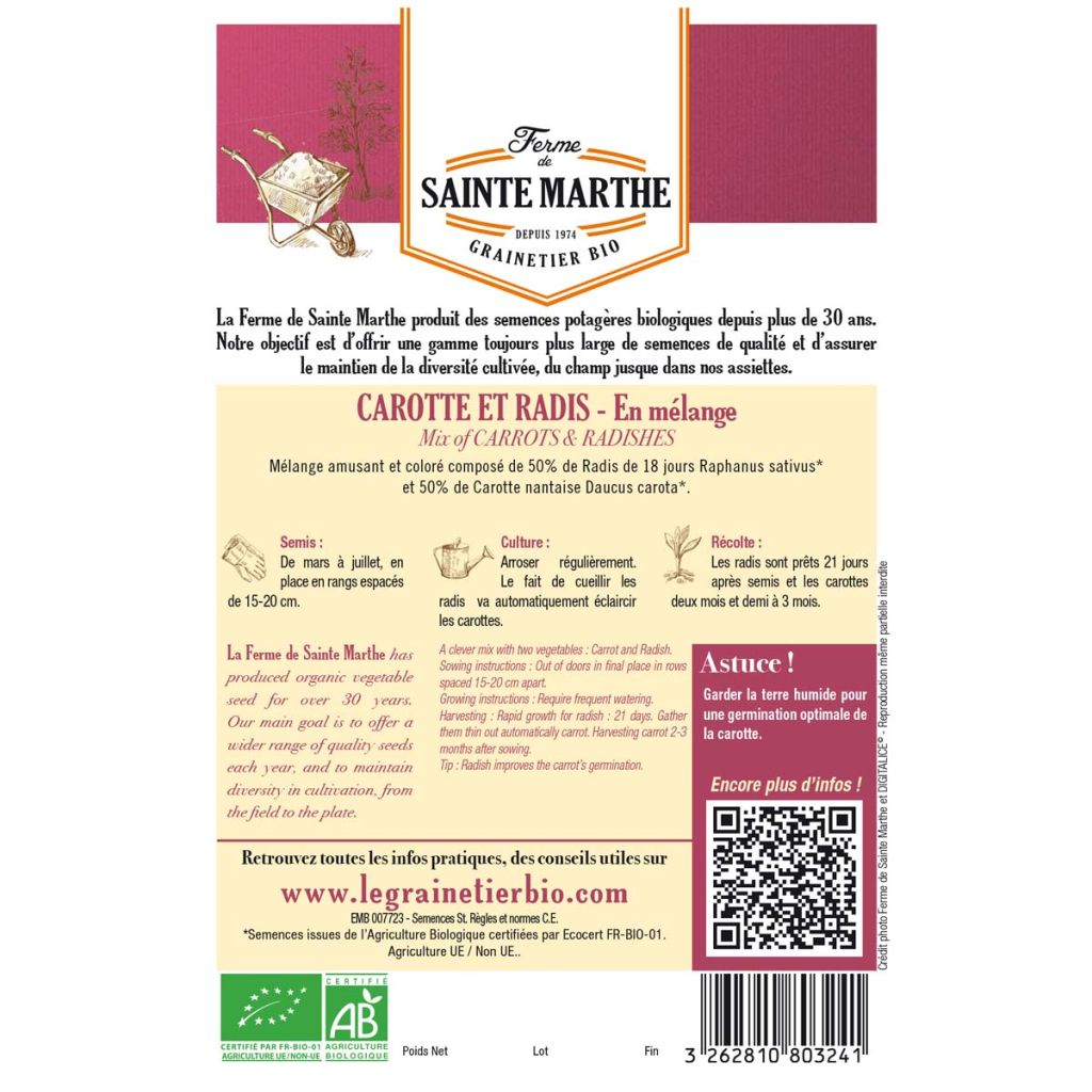 Radish and Carrot Mix (De 18 Jours, Nantes 2) - Ferme de Sainte Marthe Seeds