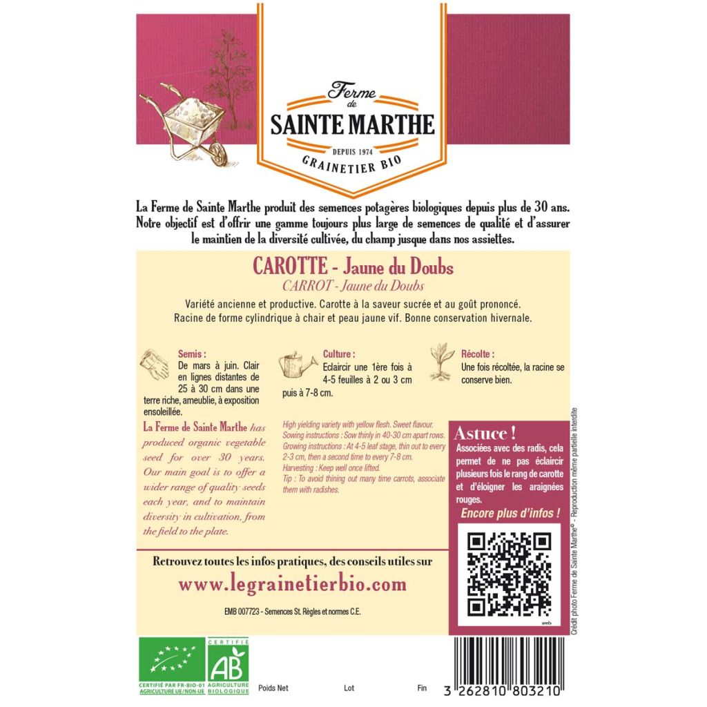 Carrot Jaune du Doubs - Ferme de Sainte Marthe untreated seeds