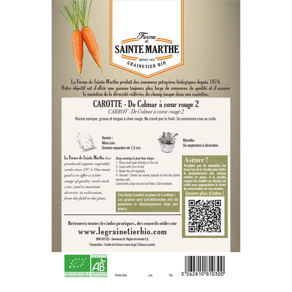 Carrot Autumn King 2 Ribbon Seeds - Ferme de Sainte Marthe seeds