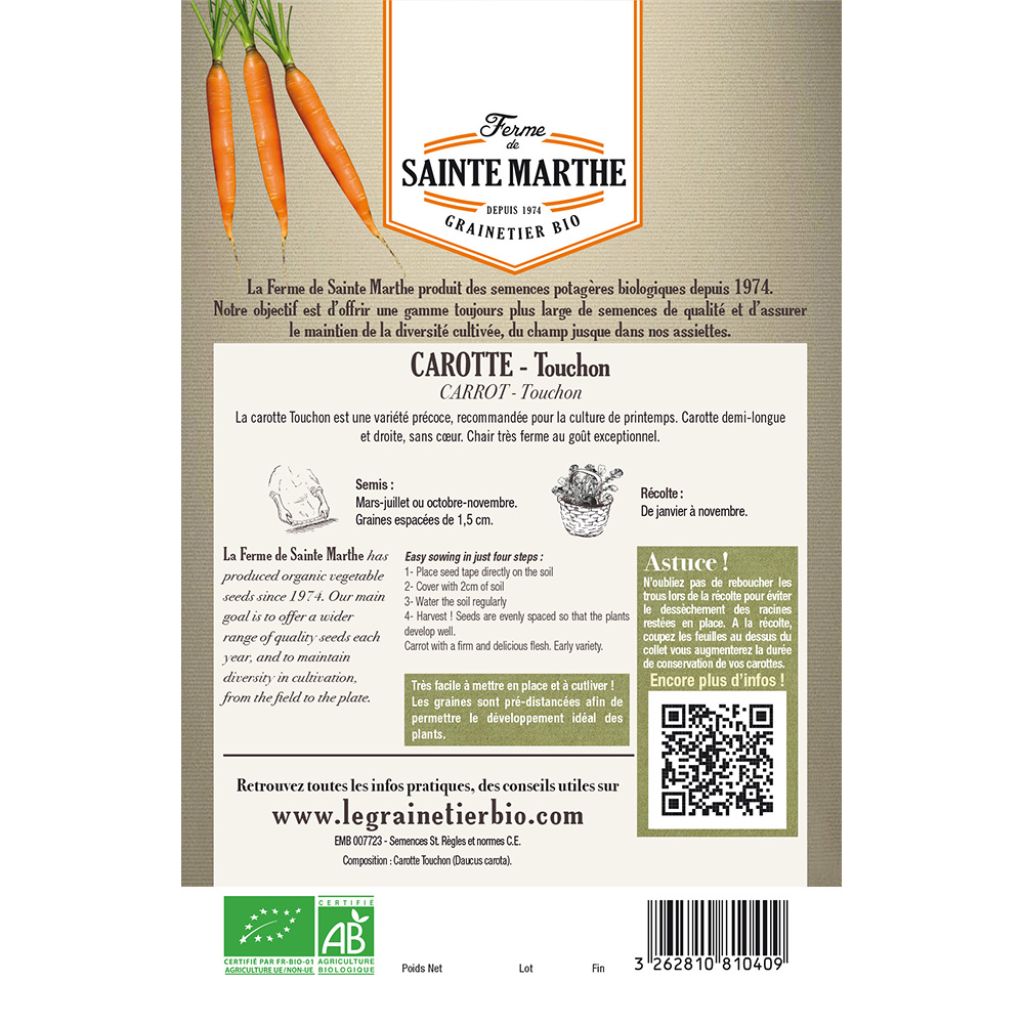 Carrot Touchon Ribbon Seeds - Ferme de Sainte Marthe seeds