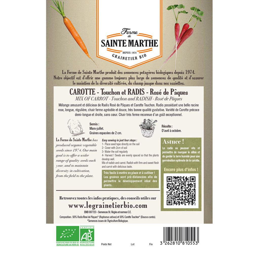 Radish and Carrot Mix (Touchon, Rose de Pâques) - Ferme de Sainte Marthe seeds