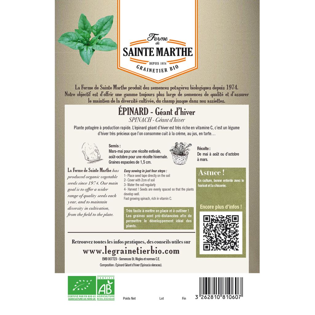 Spinach Giant Winter Ribbon Seeds - Ferme de Sainte Marthe seeds