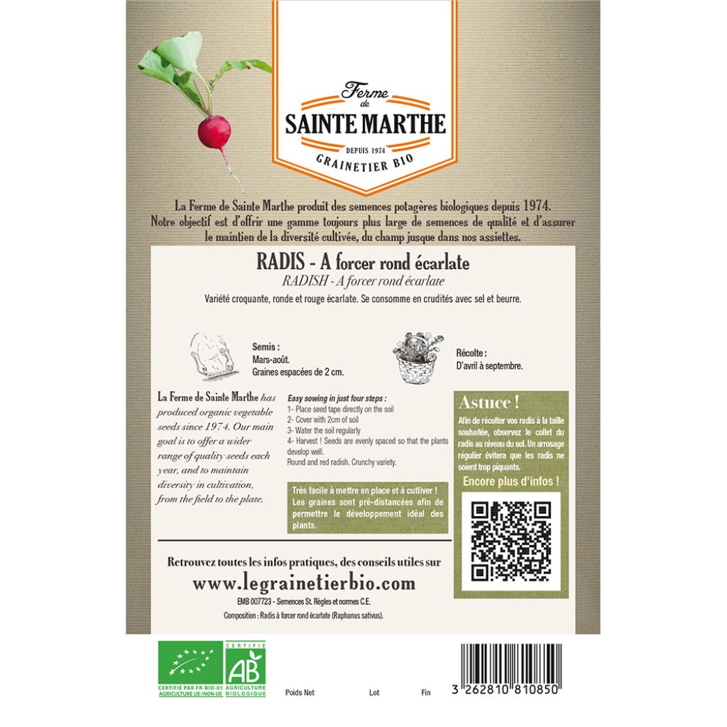 Scarlet Round Radish Forcing Ribbon Map - Ferme de Sainte Marthe seeds Organic