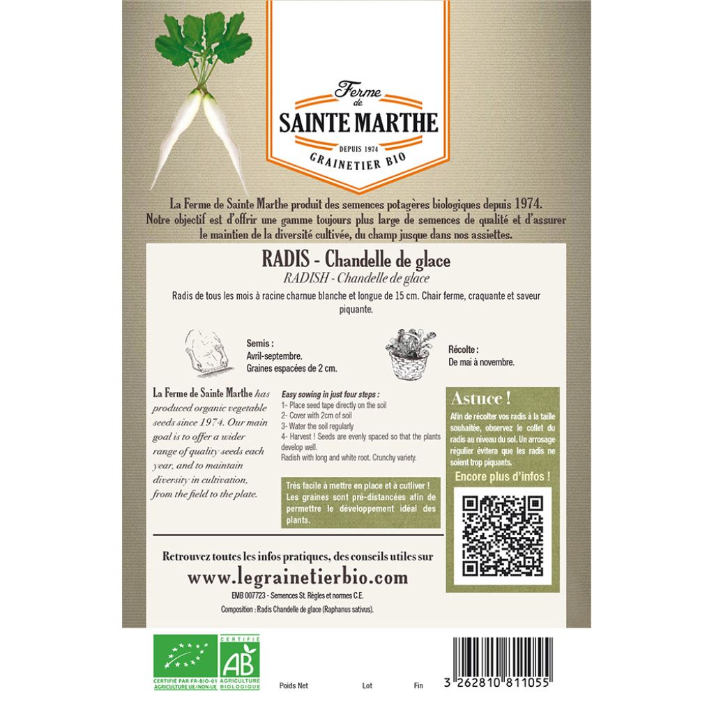 Radish White Icicle Ribbon Seeds - Ferme de Sainte Marthe seeds