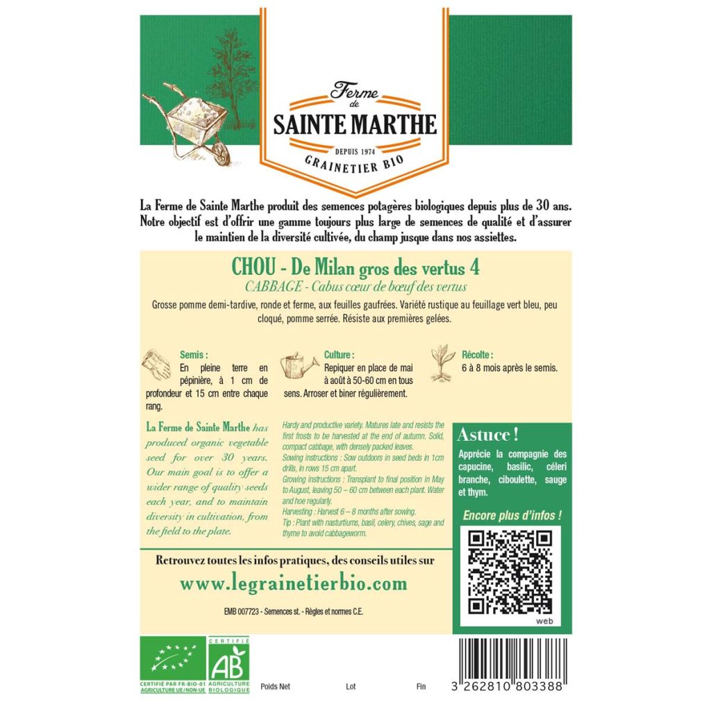 Savoy Cabbage Gros des Vertus 4 - Ferme de Sainte Marthe Seeds