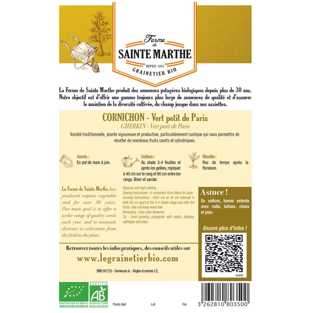 Gherkin Parisian - Ferme de Sainte Marthe Seeds