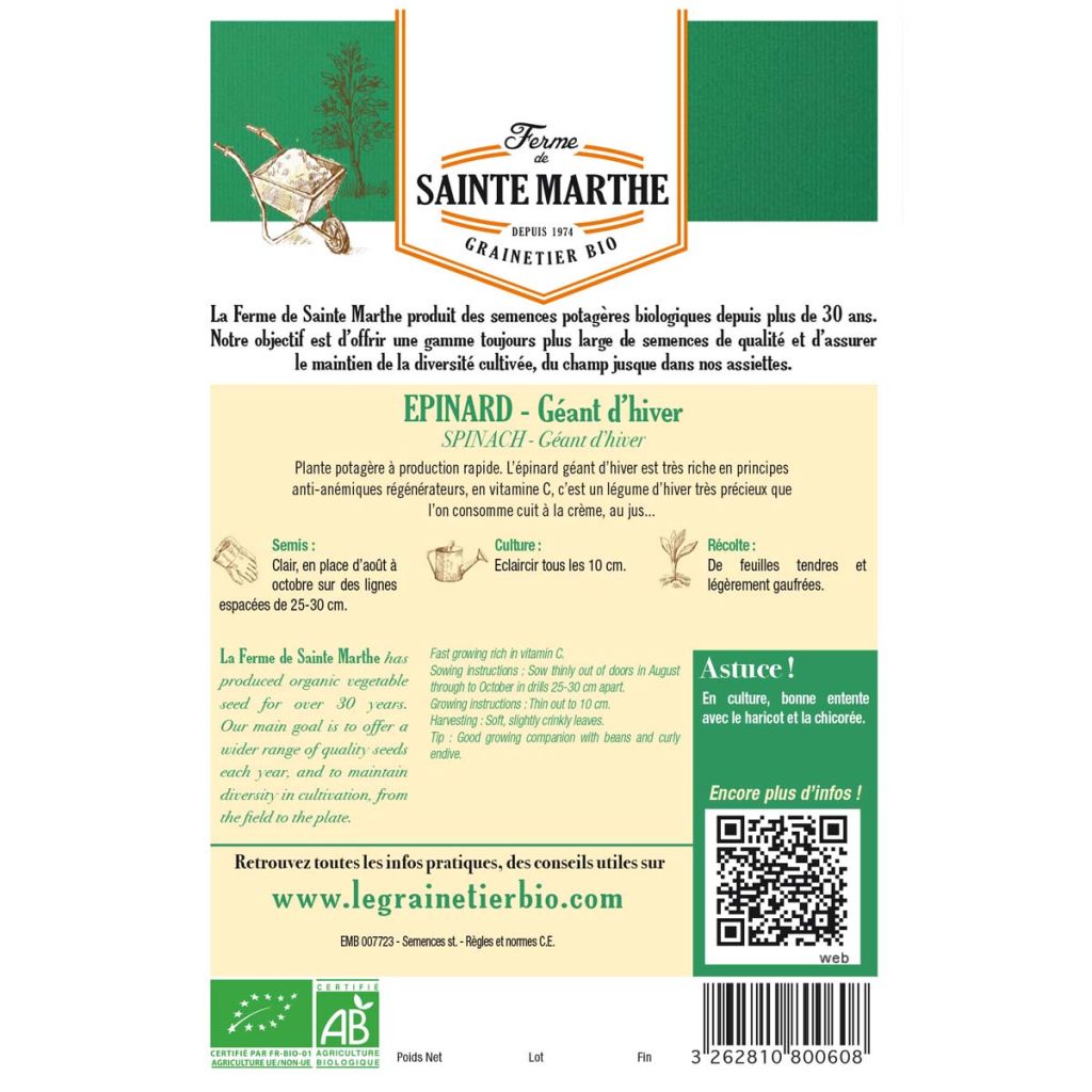 Spinach Giant Winter - Ferme de Sainte Marthe Seeds