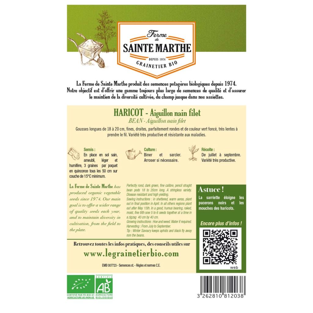 Dwarf Filet Bean Aiguillon - Ferme de Sainte Marthe Seeds