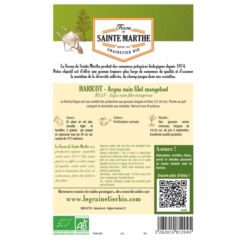 Haricot Argus nain mangetout Bio - Ferme de Sainte Marthe