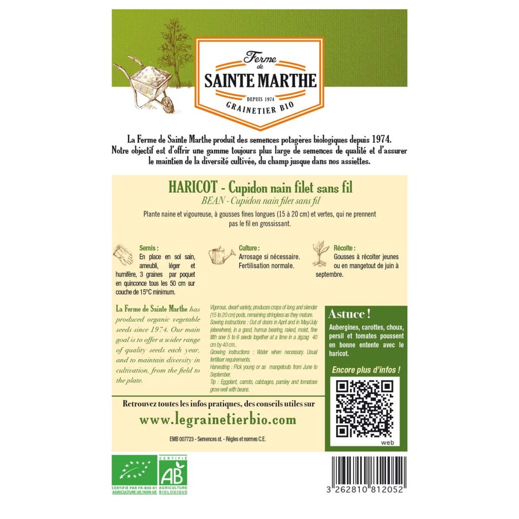 Dwarf Filet Bean Cupidon - Ferme de Sainte Marthe Seeds