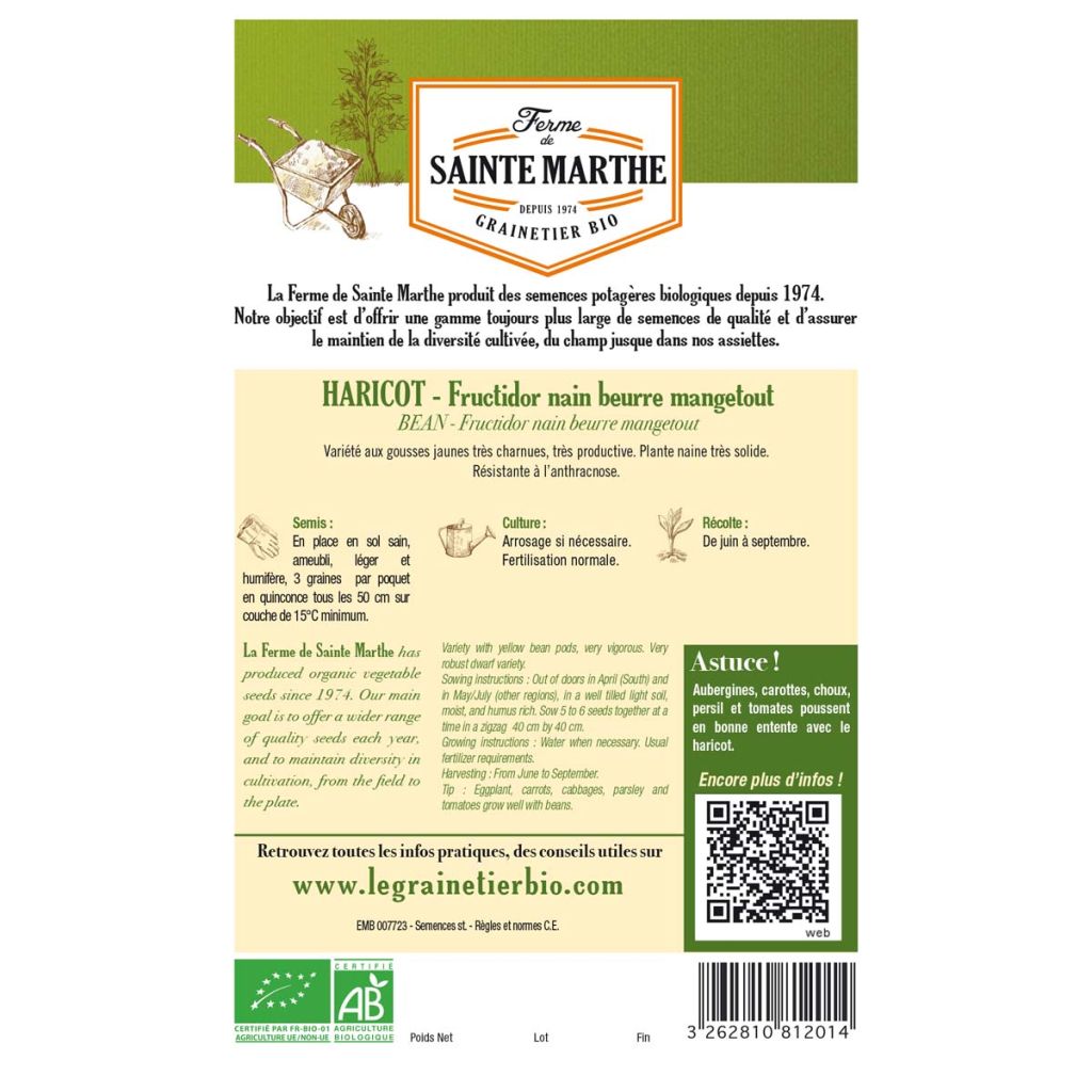 Dwarf Organic French Bean Fructidor - Ferme de Sainte Marthe seeds