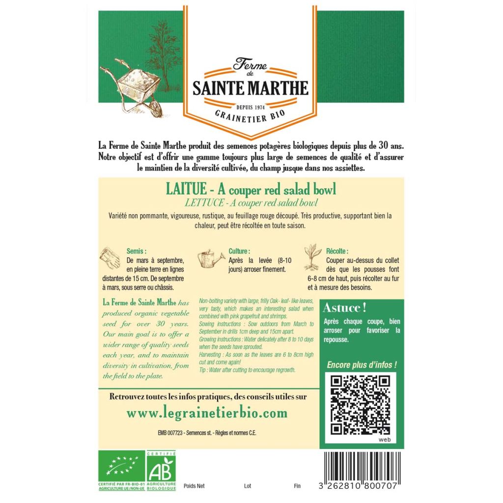 Loose leaf Lettuce Red Salad Bowl - Ferme de Sainte Marthe seeds
