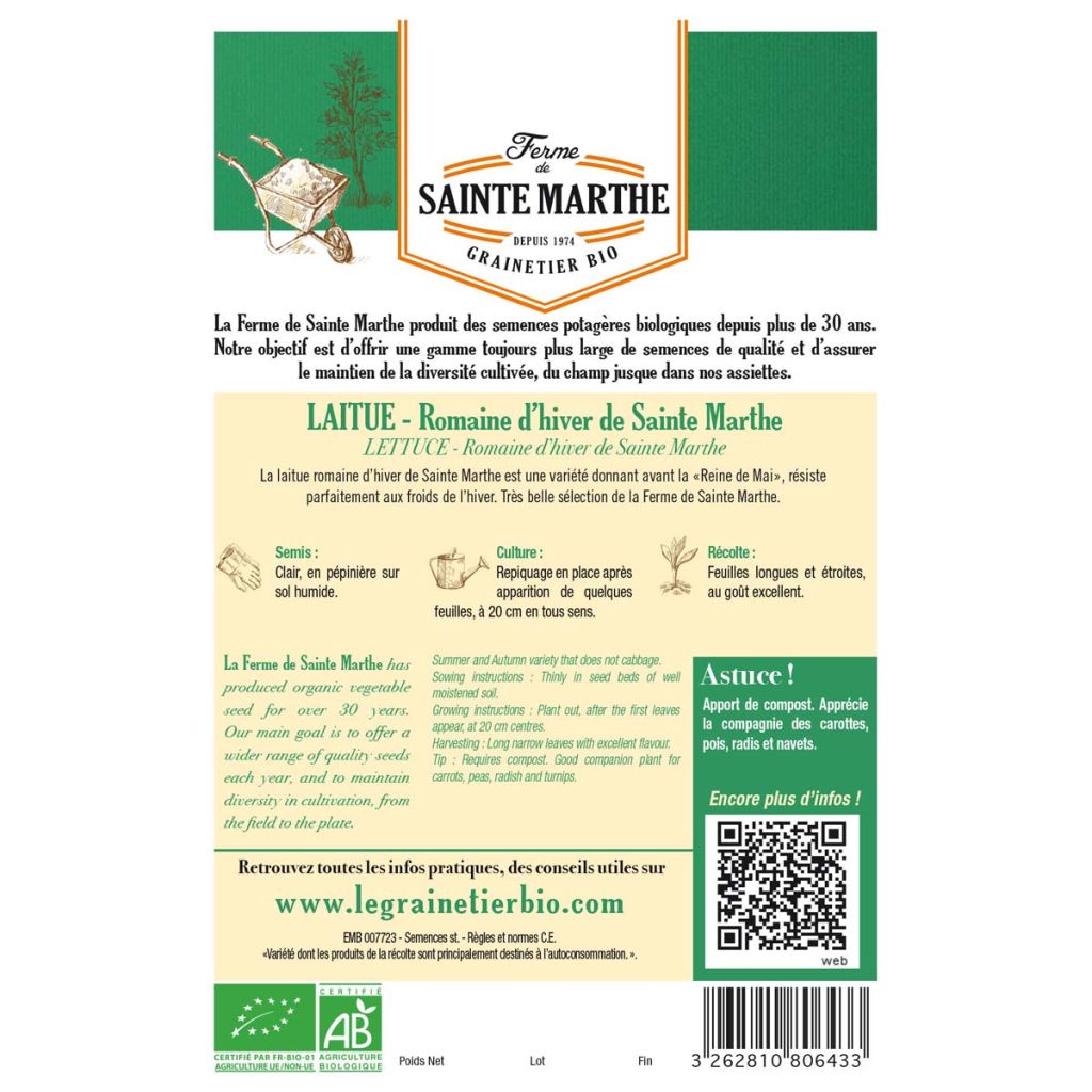 Romaine Lettuce dHiver de Sainte Marthe - Ferme de Sainte Marthe seeds